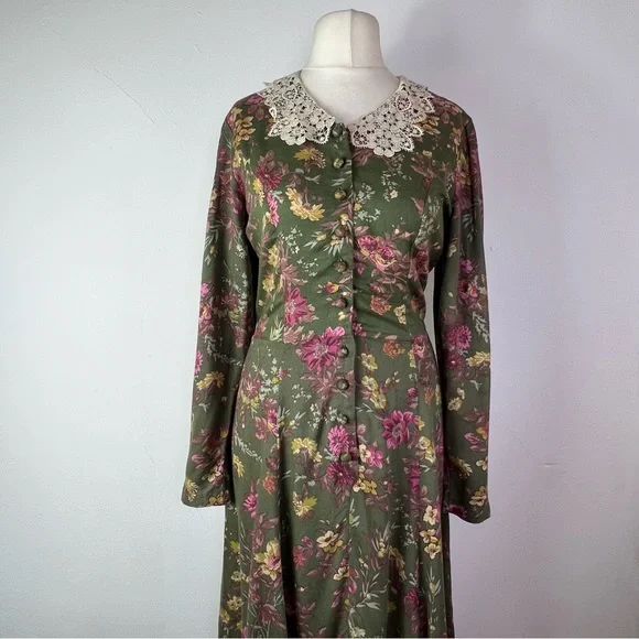Laura Ashley Vintage Green Floral Long Sleeve Lace Collar Maxi Dress UK 10-12 - Picture 4 of 14